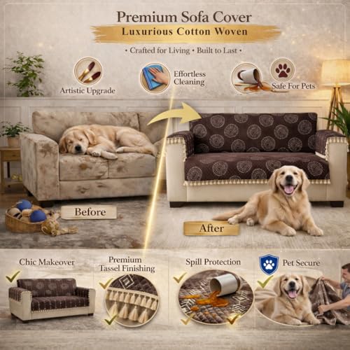 Image of STITCHNEST Woven Fabric Sofa Cover 2 Seater with 2 Hand Rest Covers - Washable Brown Sofa Cover with Tassels - Durable Premium Fabric - Stylish Sofa Protector for Living Room & Furniture Decor