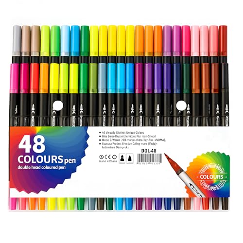Image of 48 Pcs Dual Tip Brush Pens Set - Fine Tip & Flexible Brush Markers for Calligraphy, Sketching, Coloring Books, Journaling, Hand Lettering & Art Supplies