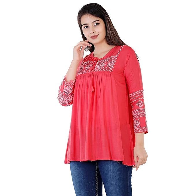 Image of Avayayat Women's Rayon Classic Heavy Embroidery Top with Beautifull Tassels at Front and on Both Sleeves Regular Fit Office Wear Festival Tunic Jeans Summer