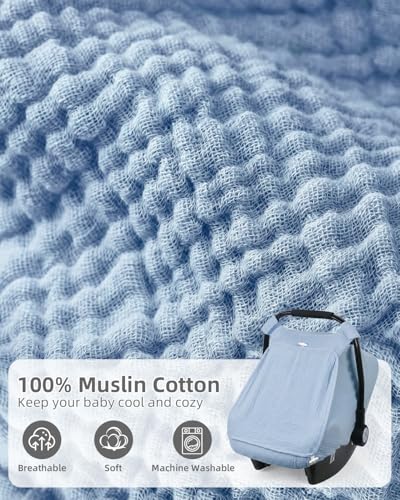 Image of Rquite Car Seat Cover Baby Girl Boy, 100% Muslin Cotton Carseat Covers, Breathable Infant Windproof Canopy with Mesh Window, Stroller Sun Shade for Summer & Hot Day, Baby Blue
