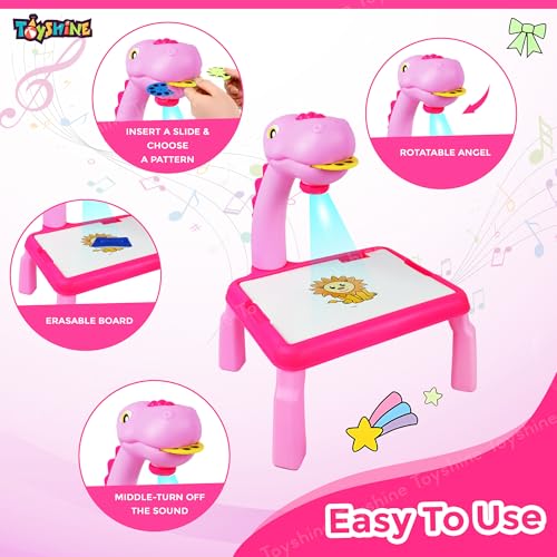 Image of Toyshine Dino Theme Smart Projection Drawing Board with Music Include Art Supplies Doodle Table Kit | Trace and Draw Projector Toy for Kids Age 3+ (Pink)