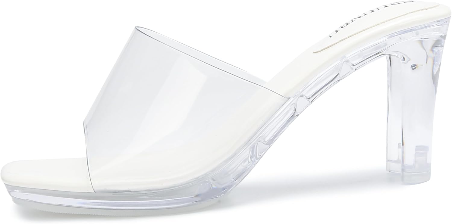 NBUUNBU Chunky Heels for Women Clear Platform Heels Sexy Block High Heels Sandals Square Toe Open Toe Transparent Strap Comfortable Dress Shoes Slip on Mules