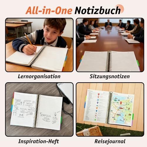 ReePlan Notizbuch A4 liniert Spiralbindung – 360 Seiten 100g/m² Papier, Spiralnotizbuch mit 5 Unterteilern, A4 Spiralblock Hardcover als All-in-One Notizbuch für Schule, Büro & Studium (Schwarz)