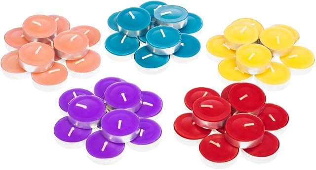Invero 60 Pack of Fragranced Tea Light Scented Candles - 2.5 Hours Burn Time - Includes Fresh Berries, Fresh Peach, Wild Lavender, Indulgent Vanilla, and Mountain Spring Fragrances