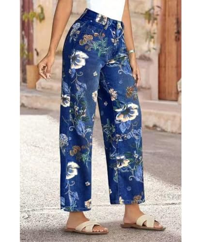 Women's High Waisted Baggy Jeans Stretch Wide Leg Printed Embroidered Straight Leg Denim Pants3