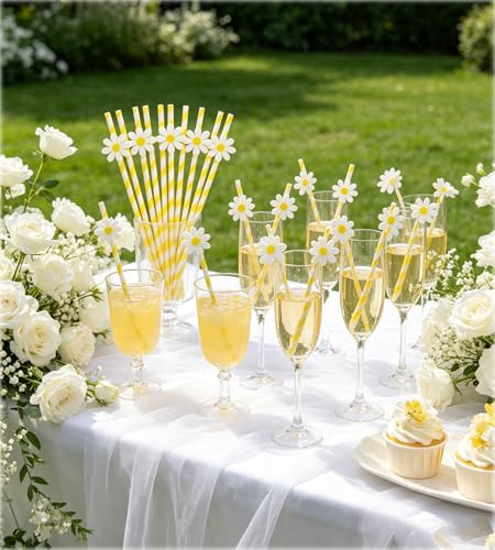 20 pitillos de papel decorados con margaritas, amarillo y blanco miniatura 5