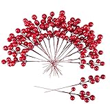 Meiliy 24 PCS Artificial Red Berry Stems Holly Berries Christmas Tree Decor Wreath DIY Craft