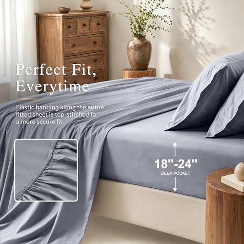 Image of MEISHANG 1000 Thread Count Cotton Sheets Queen Size - 100% Egyptian Cotton, Sateen Weave, Ultra Soft & Breathable Sateen, 16 inch Deep Pockets - 4 Piece (Queen, Grey)