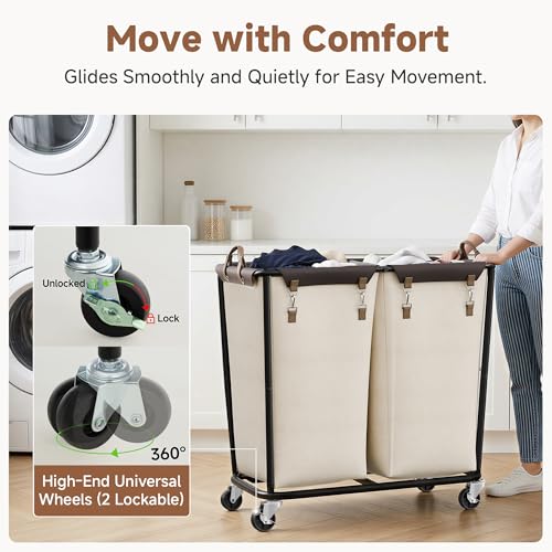 Image of StorageWorks 2 Section Laundry Hamper, 330L Extra Large Beige Rolling Cart | Laundry Basket with Wheels, Beige Sorter Cart, Rolling Organizer for Hotel, Bathroom