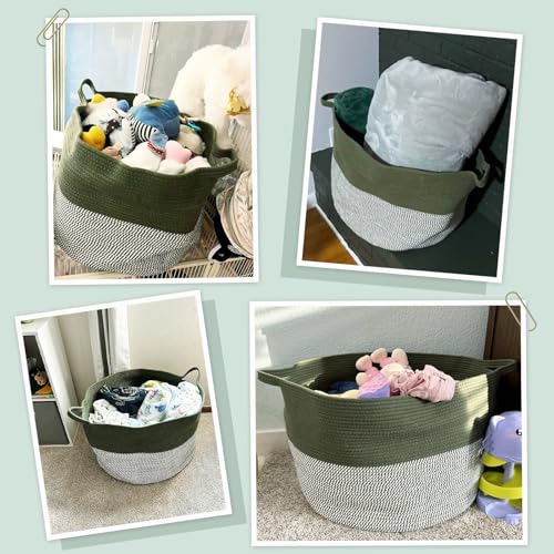 Image of INDRSSME Large Laundry Storage Basket, 21.7 x13. 8 - Decorative Rope Blanket Basket for Organizing Bedroom, Living Room, Nursery, Toy Storage for Colthes Towel, Empty Gift Baskets -Green