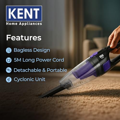 Image of KENT Duster Vacuum Cleaner 600 W with HEPA Filter and Cyclone 5 Technology | Bagless Design | High Suction Power >16 Kpa | Ideal for Curtain,Carpet,Sofa and Car | Purple & Black
