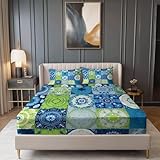Spannbettlaken Retro Kariert Mandala Mikrofaser Wunderschön Bedrucktes Weiche Bequem Spannbetttuch, Blau Atmungsaktivem Spannbetttuch Mit 30cm Tiefer Tasche, (90 x 200 cm)