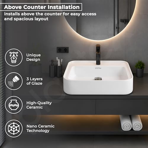 Image of Plantex Ceramic Wash Basin /One Piece Basin for Bathroom with 10 Years Glaze Warranty by Plantex /Table Top Washbasin for Home /Office /Hotels (White - 20.5 x 17 x 5 Inch)