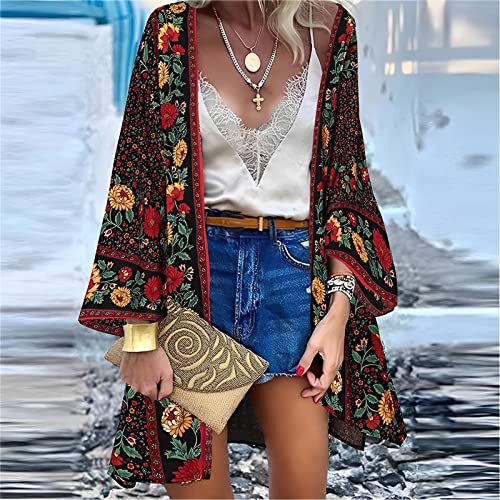 Women’s Bohemian Floral Print Kimono Cardigan Blouse Casual Summer Loose Cover Ups Long Sleeve Tops2
