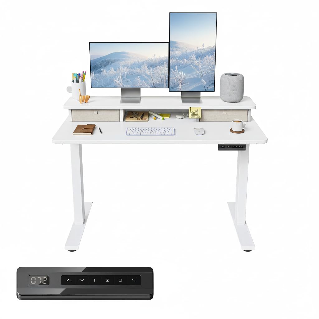 FEZIBO Electric Standing desk with Height Adjustable desk, 120x60cm, with Double Storage Drawers, White — image 1