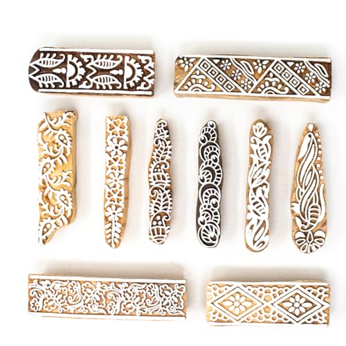 Image of Wooden Stamp Block, Printing Stamp Design Set | Block for Printing Saree Border | Dresses, Craft Card Making, Scrapbook, Clay Pottery | Set of 10