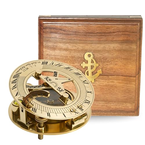 Brújula de reloj de sol de latón con caja decorativa de madera - Decoración náutica vintage marina y brújula funcional para regalar y decoración del hogar