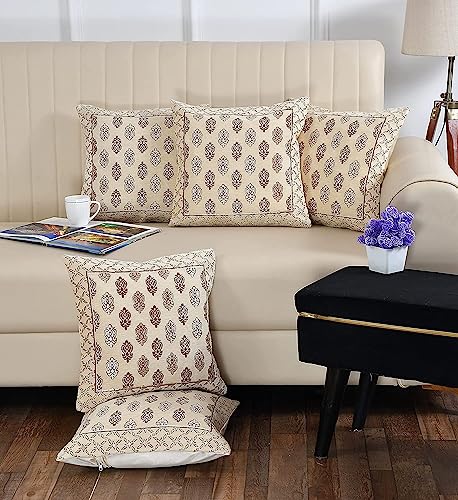 Image of Cushion Cover 16 x 16 Inches Soft Jacquard Velvet Fabric Cusion Covers for Sofa Set /Diwan Beds, Ambi,Color- Cream, Set of 5 Pcs