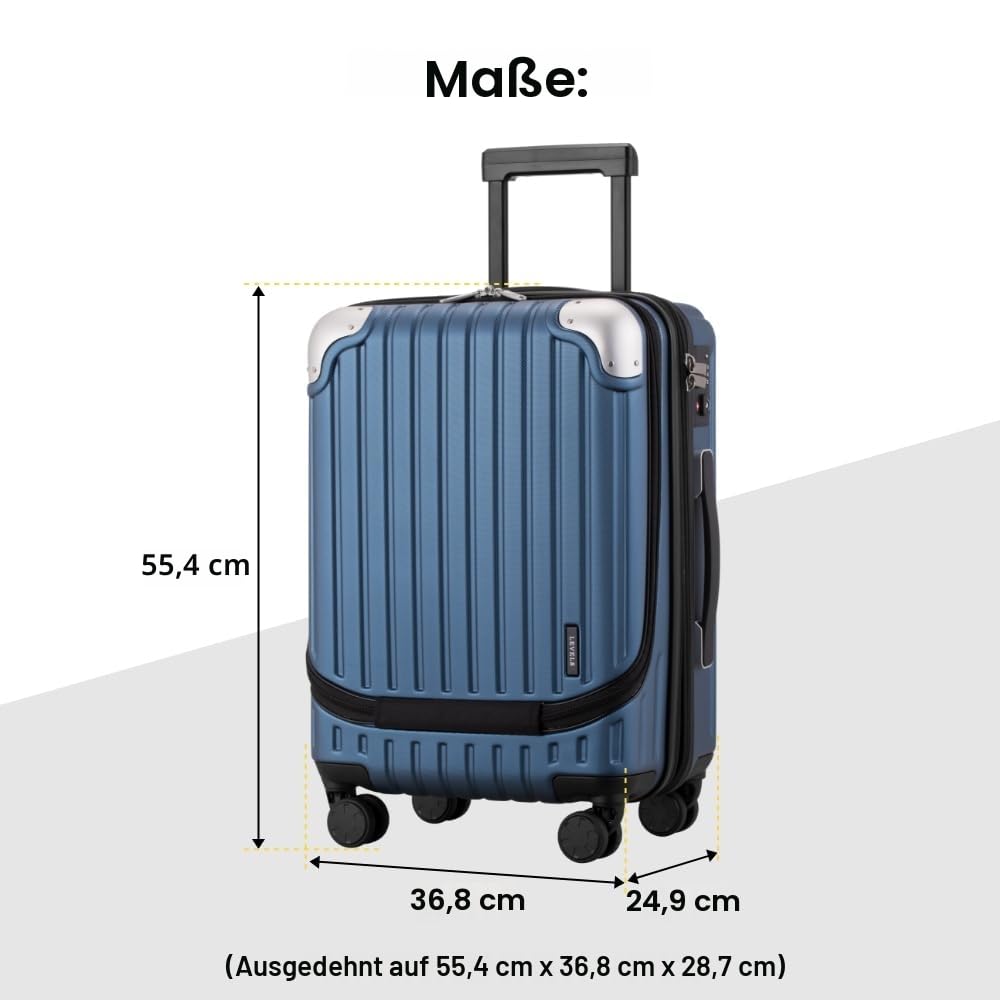 LEVEL8 Koffer Trolleys Leicht ABS+ PC Handgepäck Hartschalen-Koffer Trolley Rollkoffer Reisekoffer Erweiterbar, TSA, 4 Rollen, 55 cm, 36-42 Liter, Blau