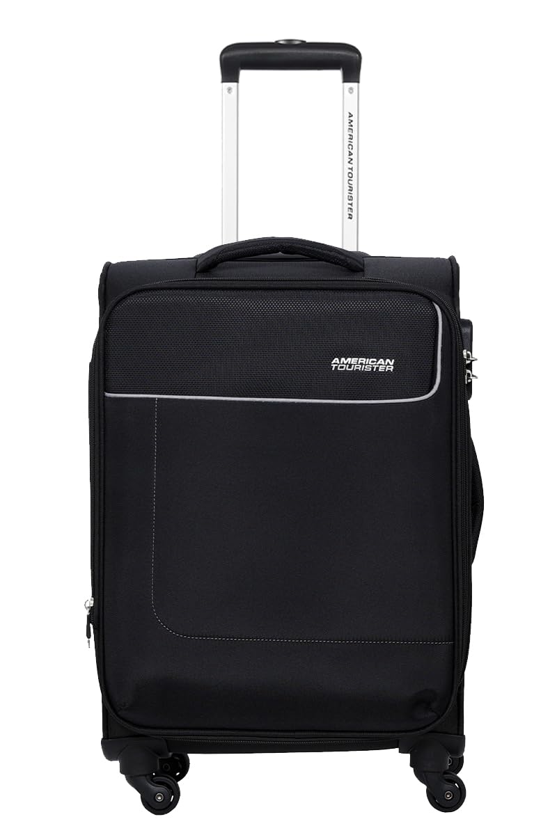 Jamaica Suitcase, Cabin Size 58 cm, 4 Spinner Wheels, Soft Top, 100% Polyester, Black|TSA Combination Lock|Expandable|Front Pocket Storage|Corner Guard - 3 Years Global Warranty