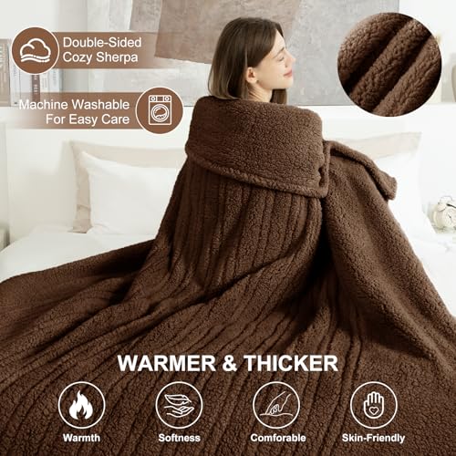 Heated Blanket Full Size 72"X84" Brown - Soft Double Sided Sherpa Electric Blanket Full Size with LED Display, 6 Heating Levels & 10 hrs Timer, Machine Washable & Fast Heating, Gift for Women