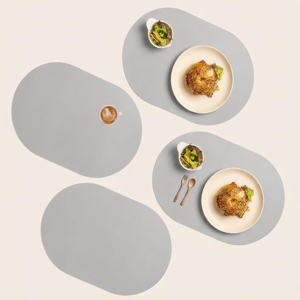 Photo 1 of Beige Oval Silicone Placemats Set of 4 – Heat Resistant, Waterproof, Easy to Clean Non-Slip Modern Dining Table Mats – Premium Leather Textured Japandi Kitchen Decor (Chiffon Beige)