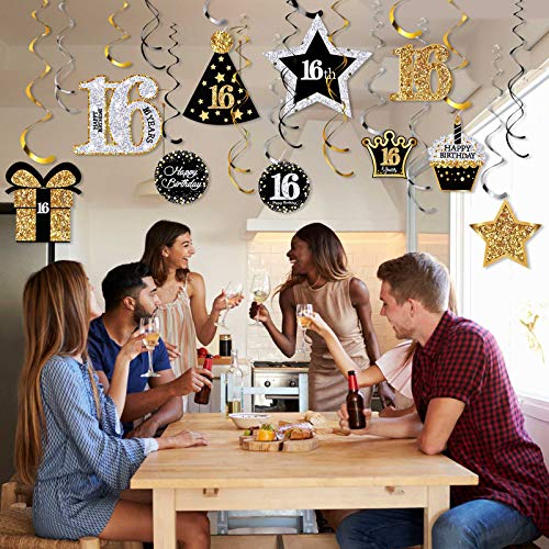 Image of Frienda 30 Pieces 16th Birthday Party Decorations Birthday Party Decorative Cards and Hanging Swirls Ceiling Decorations Shiny Celebration Hanging Swirls Decorations for Birthday Party Supplies