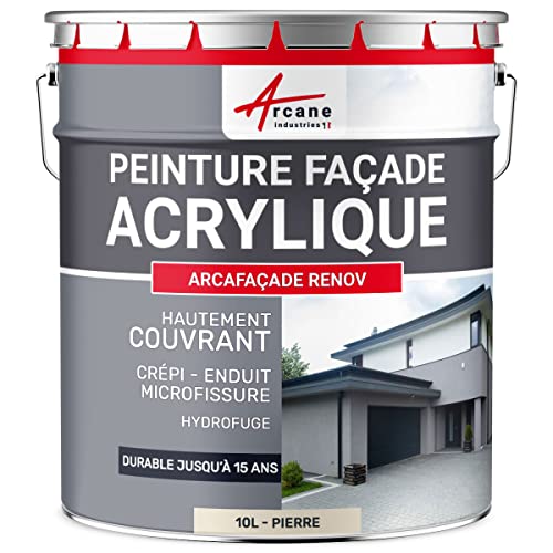 ARCANE INDUSTRIES Peinture Façade - Peinture Hydrofuge Acrylique 14 Couleurs - Dure jusqu'à 15 Ans - 10 L (+ ou - 60 m² en 1 Couche) Pierre - RAL 090 90 10