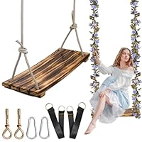 FOKOL 2025 Upgraded Large Wooden Swing Seat, 24\"x 9.8\", Hanging Tree Swing for Adults & Kids, 500lbs Load, Adjustable Nylon Rope & Tree Straps, Indoor/Outdoor Swings with Purple Floral Garland