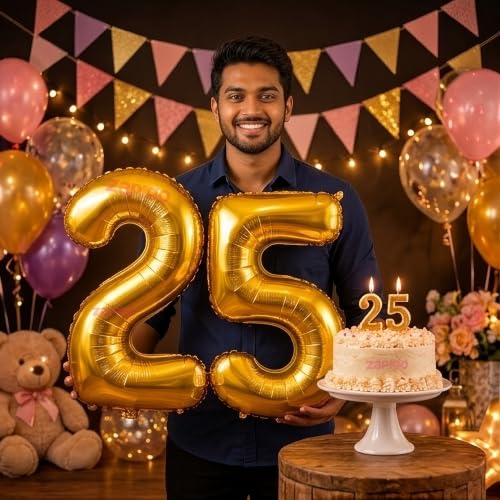 Image of Balloonistics Gold 40-Inch Foil Number 25 Balloon with Matching Number Candle - Combo Set for 25th Birthday, Anniversary, Party Decoration, Photo Booth Backdrop