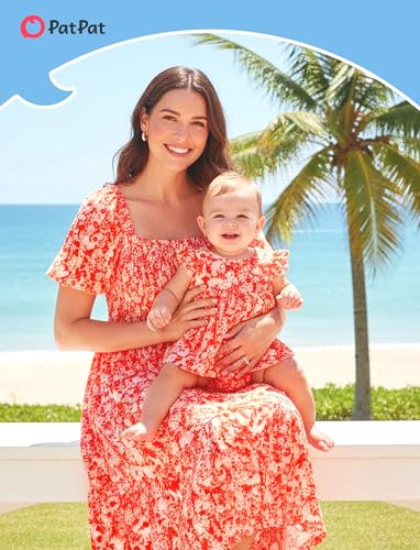 Image of PATPAT Family Matching Outfits Mommy and Me Dresses Floral Dress & T-Shirts | Mommy and Me Easter Dresses, Puff Sleeve Floral Sundress, Cotton Blend T-shirts, Couples Party Wedding Vacation Outfits