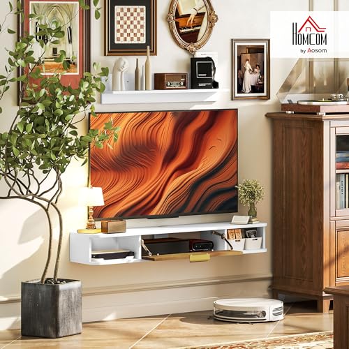 HOMCOM Mueble de Salón Mueble de Comedor con Estante de Pared Mueble de TV Armario Compartimentos Orificios para Cables para Televisión de Pared 120x24x16 cm Blanco - imagen 2