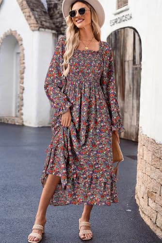 Image of Dokotoo Boho Dresses for Women 2025 Casual Floral Square Neck Long Sleeve Smocked Elastic Waist Tiered Ruffle Hem Maxi Dress