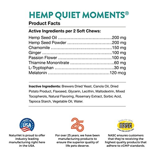 Naturvet Quiet Moments Calming Aid Dog Supplement, Helps Promote Relaxation, Reduce Stress, Storm Anxiety, Motion Sickness For Dogs (Quiet Moments Plus Hemp, 60 Soft Chews) #TOP5