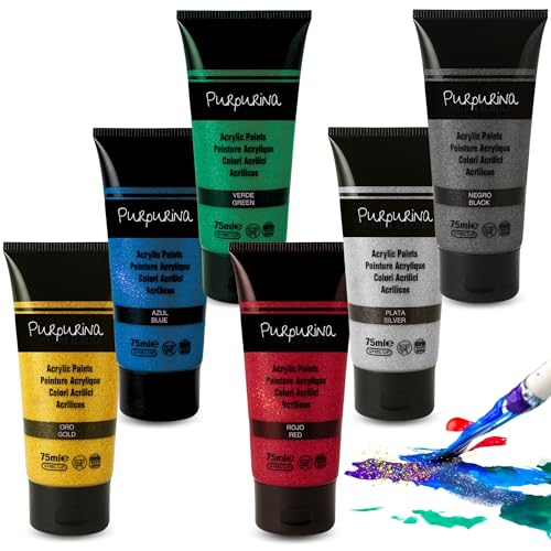 PLAYZOCO Pintura Acrílica Purpurina, Apta para Artistas Principiantes Niños Manualidades, Usar sobre Lienzo, Madera, Cerámica, Porex, Tela, Secado rápido, Color intenso, Pack 6 botes de 75 ml