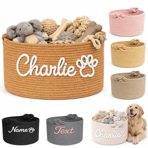 EAZTYNV Personalized Dog Toy Basket with Name Custom Puppy Toy Storage Bins Personalized Handmade Cotton Rope Dog Toy Box Organizer for Toys Treats & Blankets Unique Gift for Pet Lovers (A1)