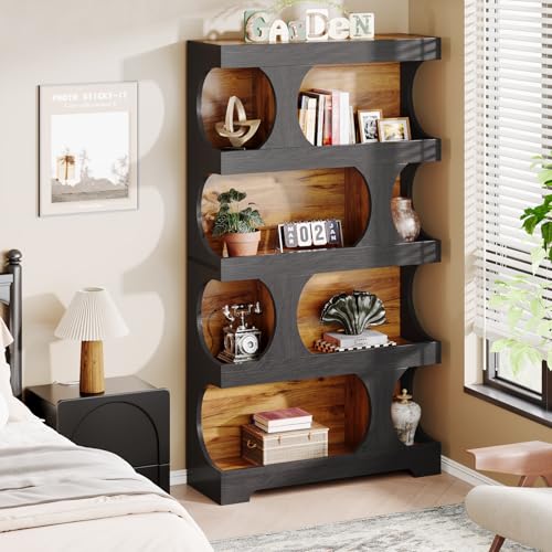 Image of Tribesigns 71 inch Tall Bookcase, 4-Tier S-Shaped Bookshelf, Wood Decorative Storage Shelving, Modern Freestanding Display Shelves, Large Library Book Shelf Unit for Home Office Living Room, Black & Brown