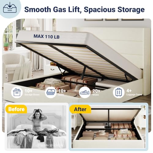 Image of Allewie Full Size Lift Up Storage Bed, Chenille Fabric Upholstered, Modern Wingback Headboard, Hydraulic Support, No Box Spring Needed, Cream White