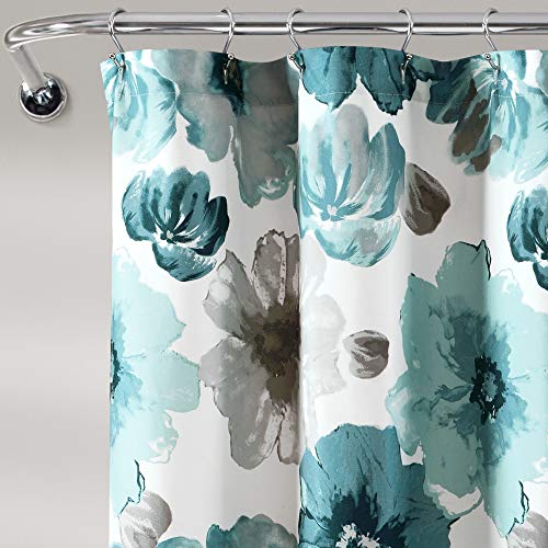 Image of Lush Decor Leah Floral Shower Curtain, 72 inch W x 72 inch L, Blue - Fabric Shower Curtains - Watercolor Botanical Bathroom Curtain - Farmhouse & French Country Decor