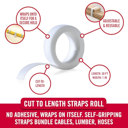 Image of VELCRO Brand VEL-30769-AMS Wide Straps 1 in x 30 ft Roll | Cut to Length, Reusable Self-Gripping Tape | Bundle Poles, Wood, Pipes, Lumber, Garage Organization for Tool Handles Hoses, More | White, 1in