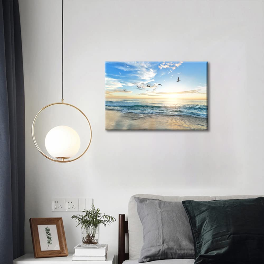 Canvas Prints Wall Art Beach Sunset Ocean Waves Seagulls Nature Pictures Stretched Canvas Wooden Framed for living Room Bedroom and Office 16x24inch — view 2