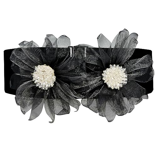 Women's Double Rose-Flower Sheer Waist Belts Elastic Stretch Wide Corset for Elegant Sweet Wedding Dress