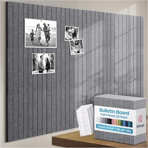 Image of X-Large Cork Board Alternative 12-Pack Felt Bulletin Board Thick and Decorative Pin Board for Home Office Walls 47.24 x 35.43 Inches with 72 Adhesive Tabs - [Pebble Gray]