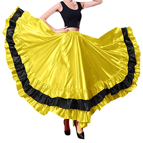 BACKGARDEN Falda Larga de satén para Mujer, Color Negro y Rojo, para Danza del Vientre, Flamenco español, Danza del Vientre, Ballet, actuación folclórica, Amarillo (Yellow Theme), Talla única