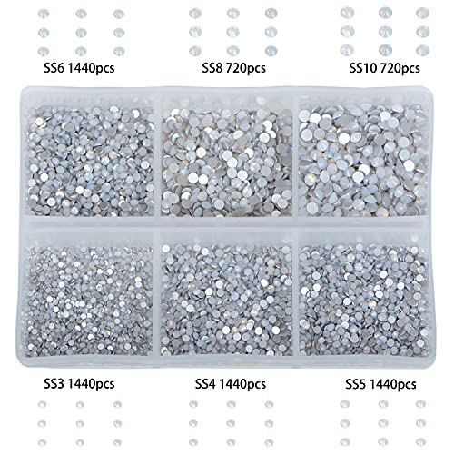 Image of 7200 Pieces Nail Rhinestones, Non-Magnetic Round Glue, Flat Crystal Crystals, for Jewelry Making with a Pen of Your Choice (6 Sizes, 7200 Pieces, White Opal)