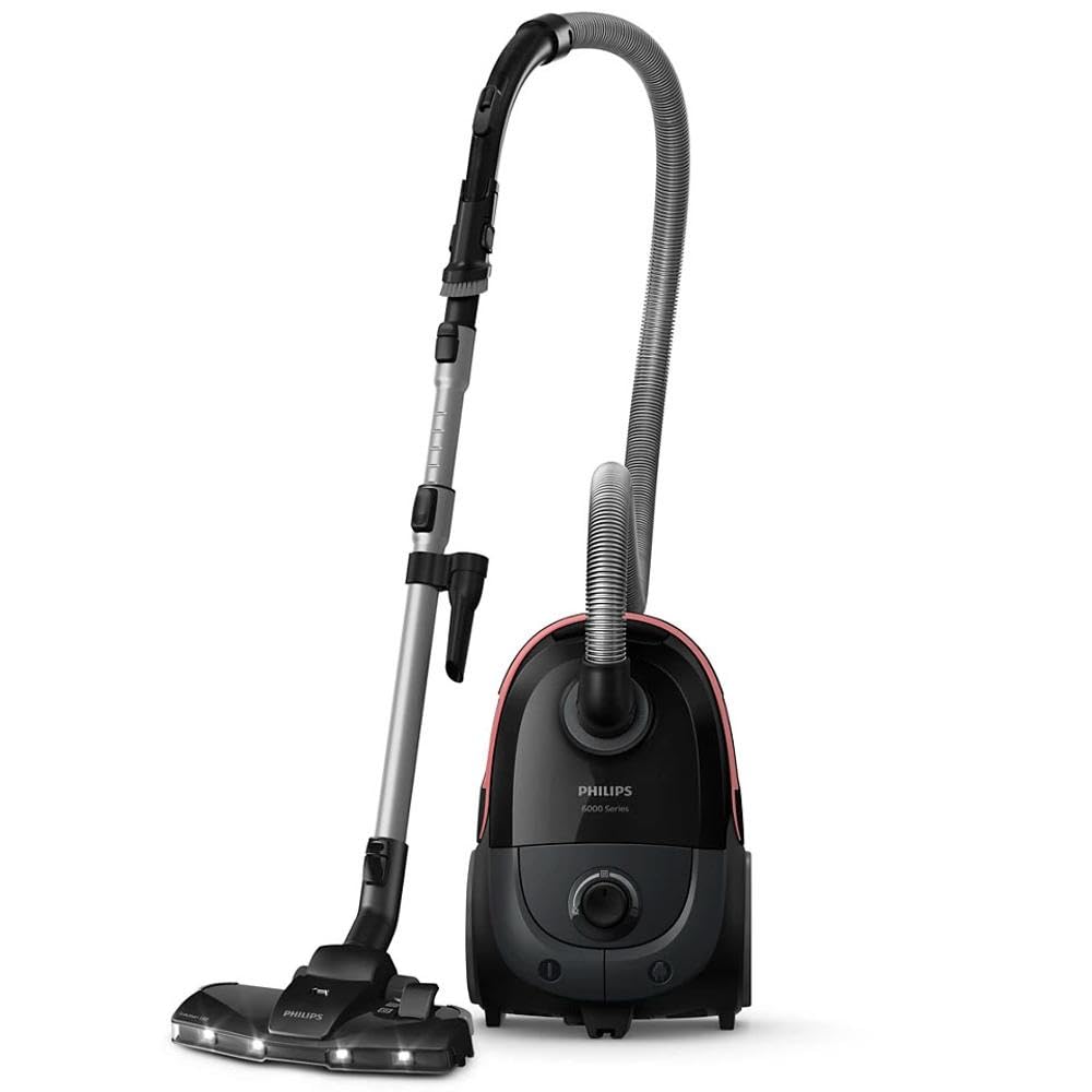 Philips 6000 Series Bagged Vacuum Cleaner – 900W, 99.9% Dust Pick-Up, TriActive+LED Nozzle, HEPA Filter >99.99%, 4L s‑Bag Capacity, Mini Turbo Brush, Deep Black (XD6142/12)