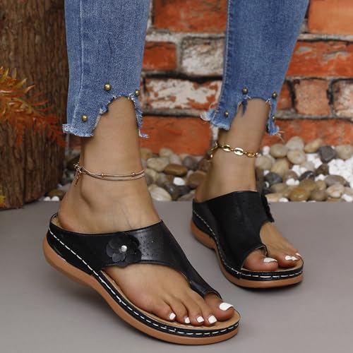 Yytcsjz Sandals for Women Wedge Shoes, Double Flowers Decor Comfortable Orthopedic Sandals, Summer Slip On Casual Bohemian Flower Thong2