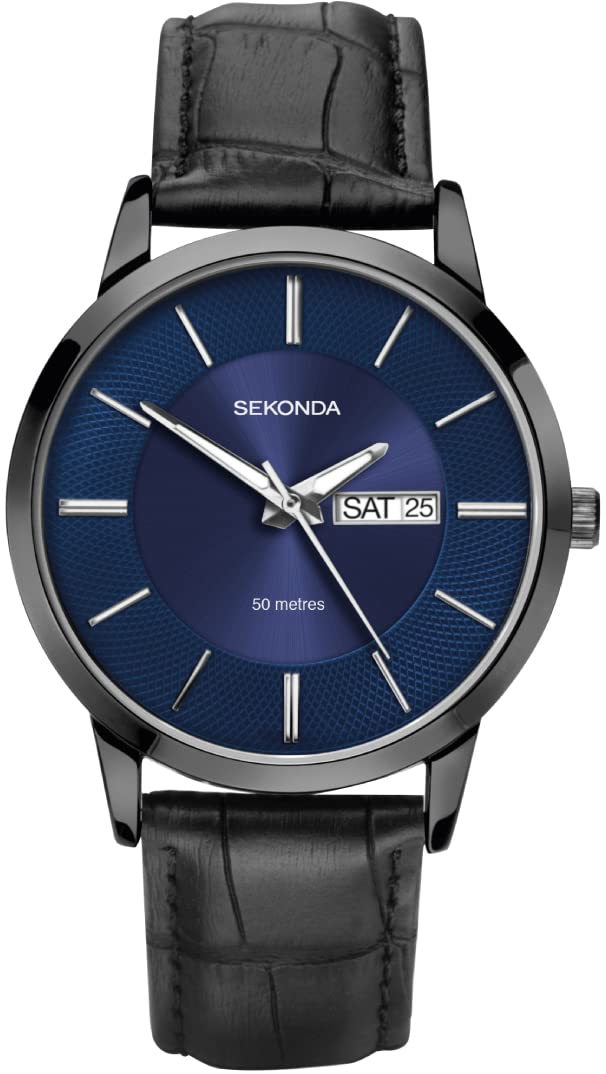 Mens Classic Analogue Quartz Watch with Blue Dial and Black Leather Strap 1922