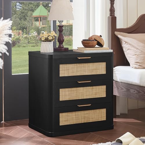 Image of LEYAOYAO Rattan Night Stand Set of 2 with Drawers, 23 inch Large 3 Drawer Boho Nightstand, Natural Wood Bedside Table Storage Cabinet, Bed Side End Tables Dresser for Bedroom, Living Room, Hallway, Closet