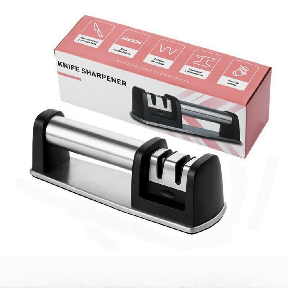 Lichi Stainless-Steel Knife Sharpener 2 Stage Kitchen Gadget, Kitchen Tool Non-Slip Base, Knife Sharpener UK for Straight and Serrated Knives